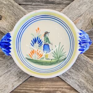 1930's French Faience Henriot Quimper Breton Man-Tureen w/ Lid and Handles-7.5"W